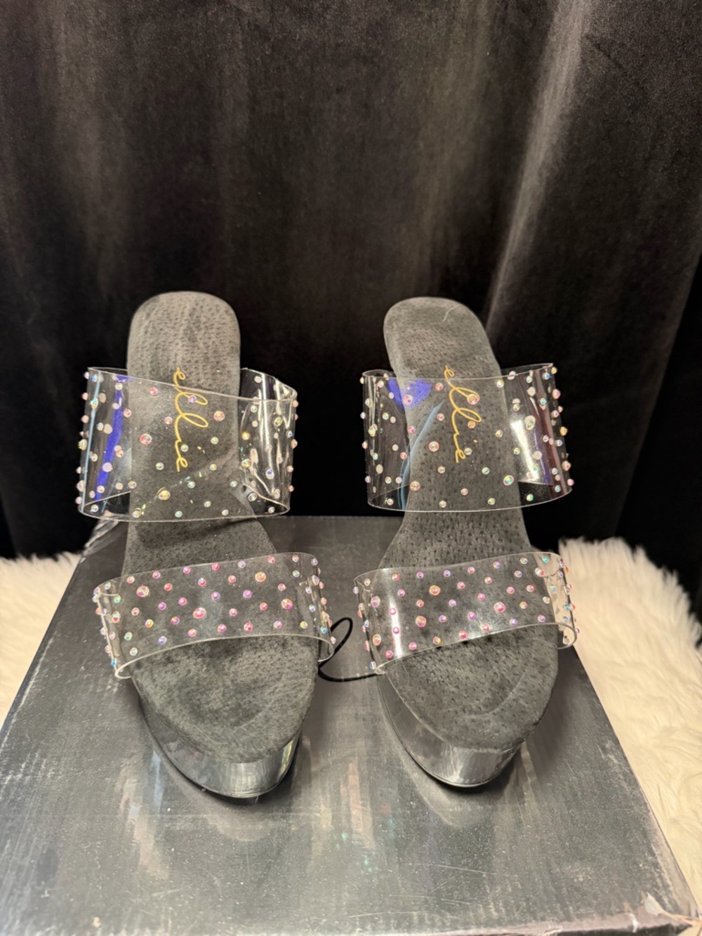 Ellie Black Platform Heels with Iridescent Crystal Straps - Picture 3 of 12